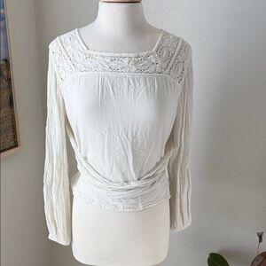 Free People Ivory Textured Blouse with Lace Yoke